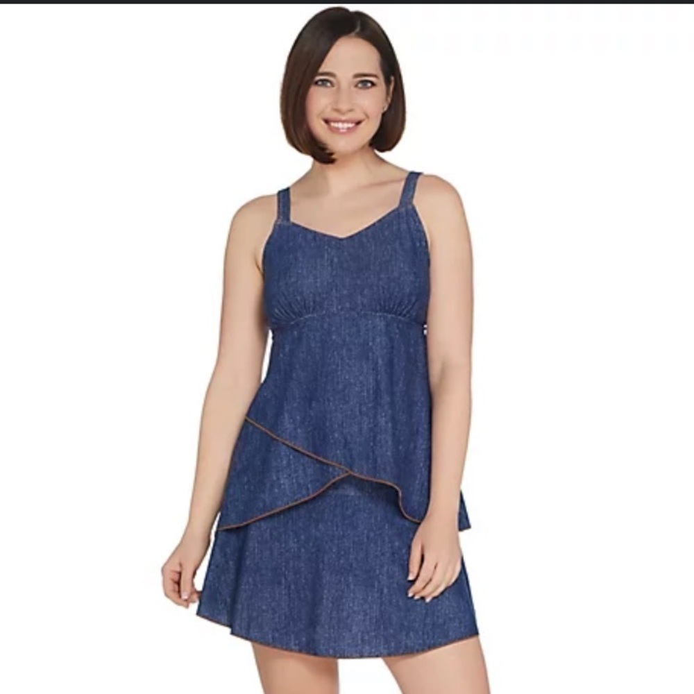Denim & Co. Beach Denim Print Tankini Top Women’s size 12 A304226